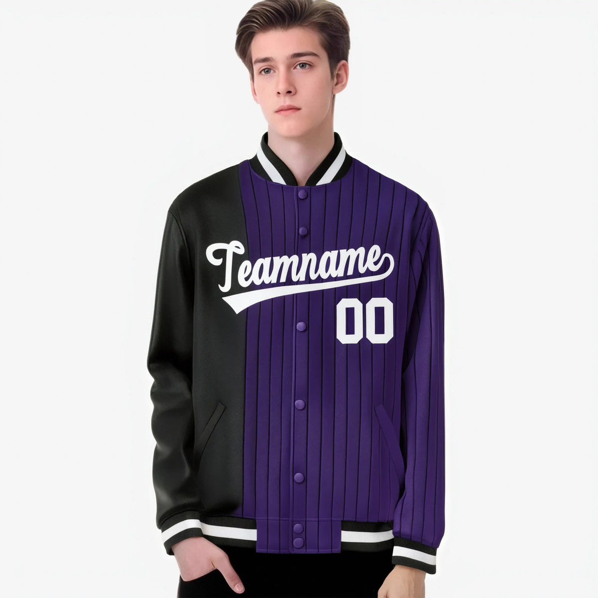 Custom Purple Black Pinstripe White-Black Gradient Fashion Varsity Full-Snap Jacket