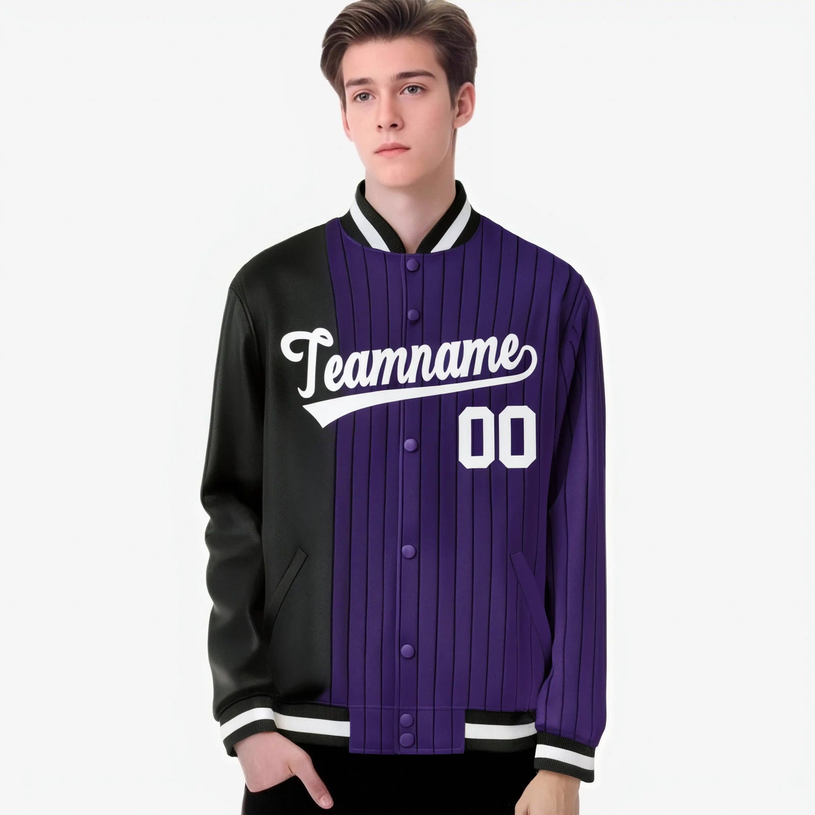 Custom Purple Black Pinstripe White-Black Gradient Fashion Varsity Full-Snap Jacket