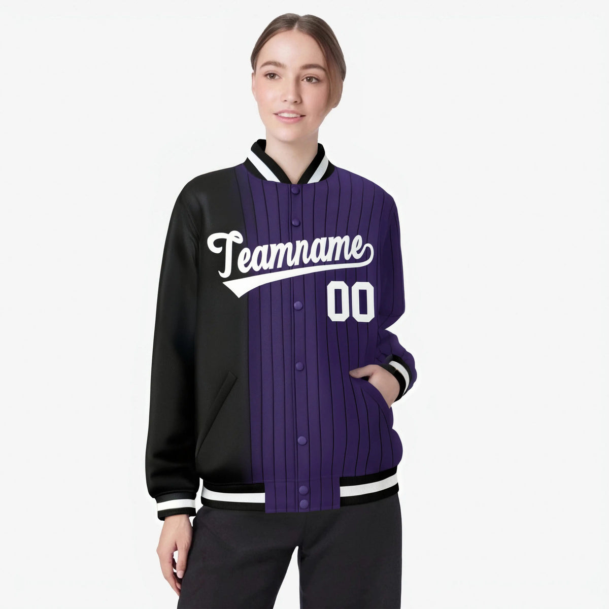 Custom Purple Black Pinstripe White-Black Gradient Fashion Varsity Full-Snap Jacket