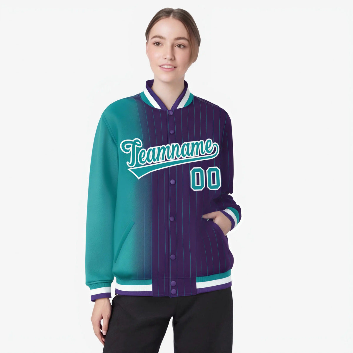 Custom Purple Aqua Pinstripe White-Aqua Gradient Fashion Varsity Full-Snap Jacket