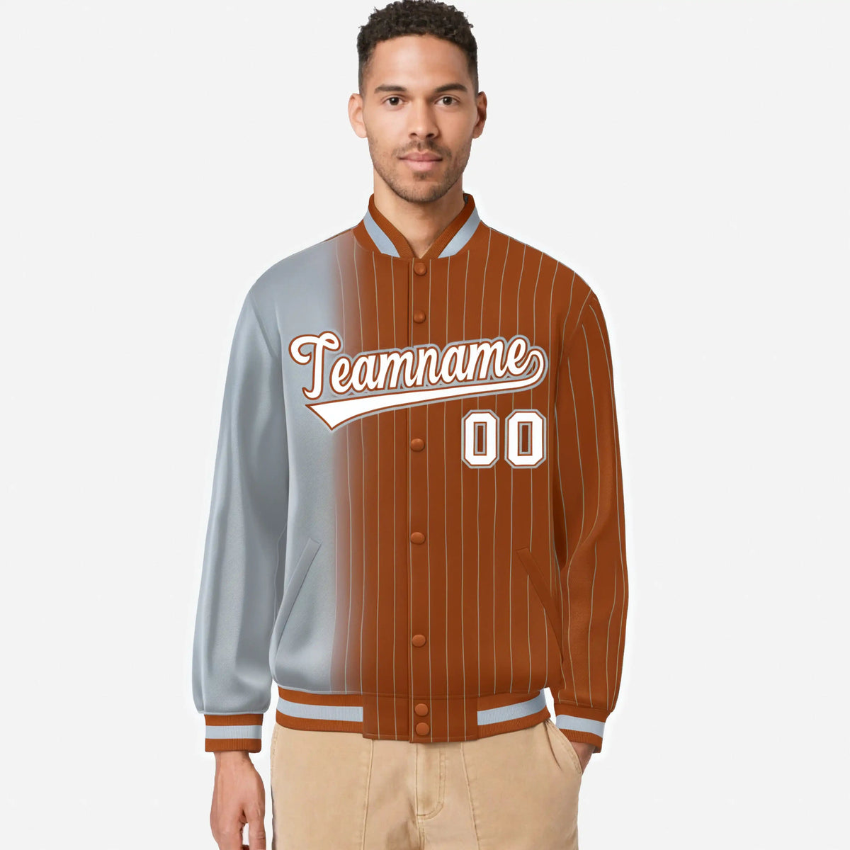 Custom Gray Orange Pinstripe White-Gray Gradient Fashion Varsity Full-Snap Jacket