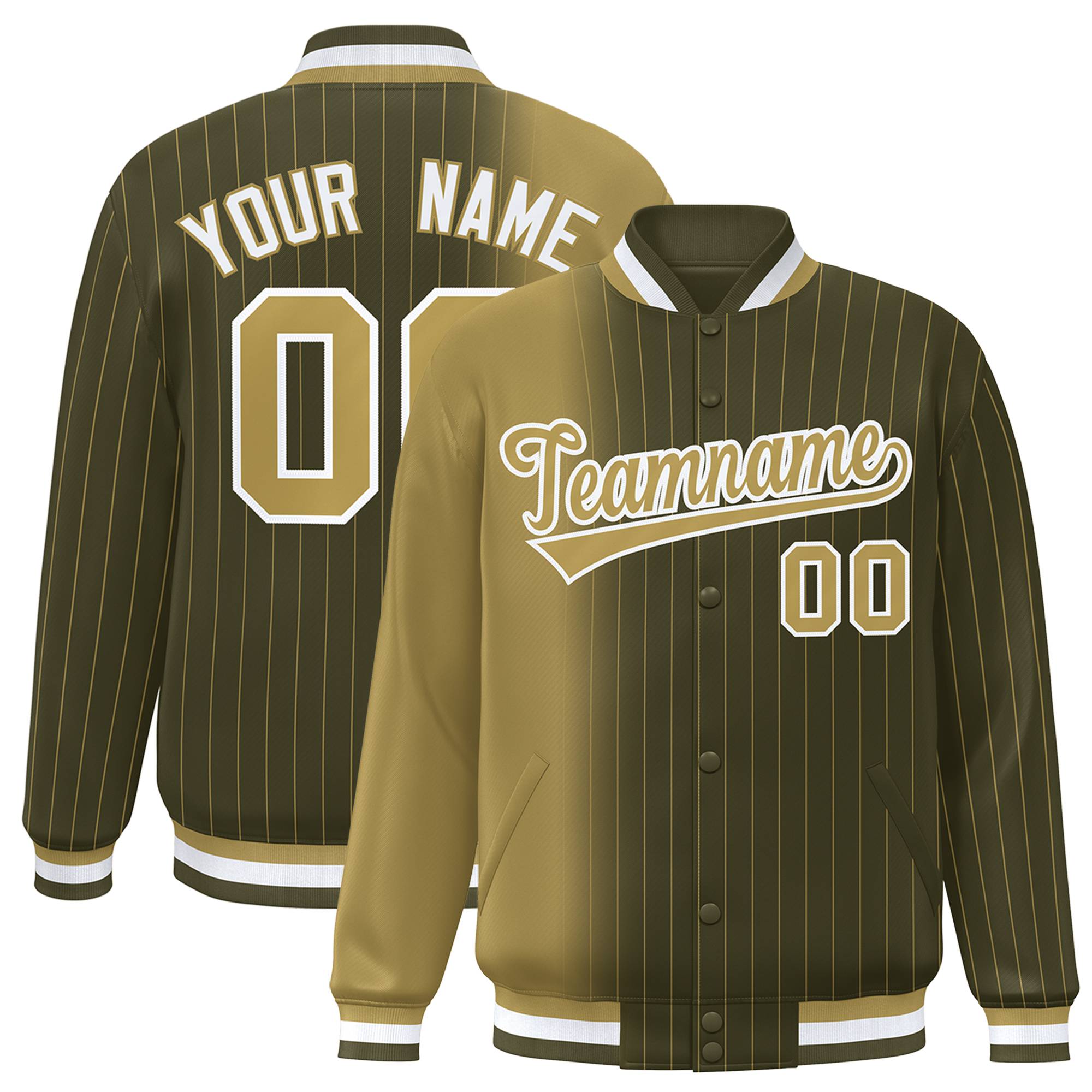 Custom Olive Old Gold Pinstripe White-Old Gold Gradient Fashion Varsity Full-Snap Jacket