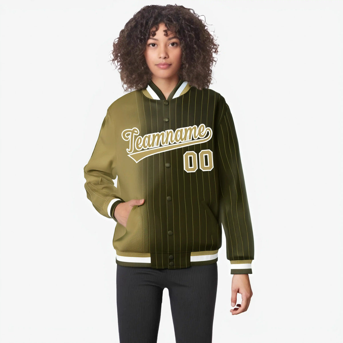 Custom Olive Old Gold Pinstripe White-Old Gold Gradient Fashion Varsity Full-Snap Jacket