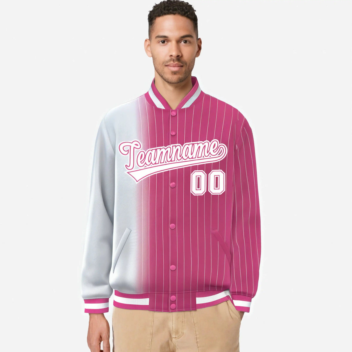 Custom Pink White Pinstripe Pink-White Gradient Fashion Varsity Full-Snap Jacket