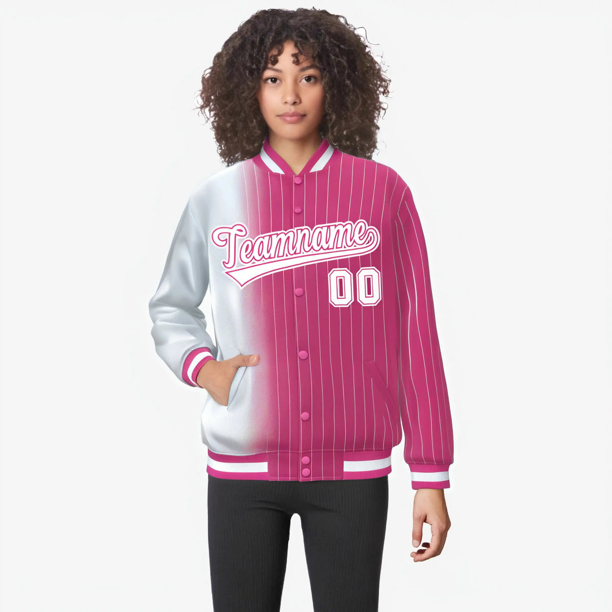 Custom Pink White Pinstripe Pink-White Gradient Fashion Varsity Full-Snap Jacket