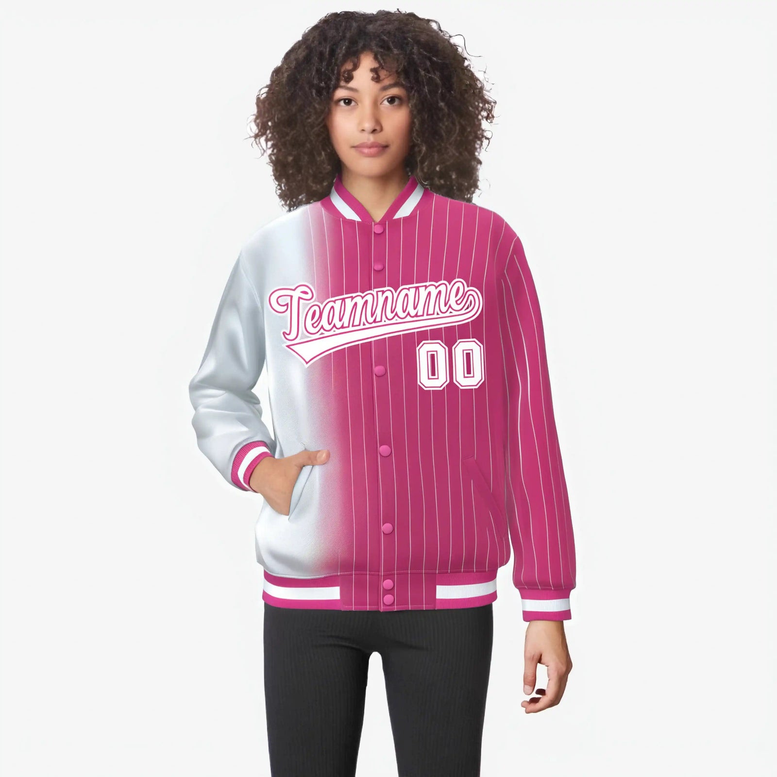 Custom Pink White Pinstripe Pink-White Gradient Fashion Varsity Full-Snap Jacket