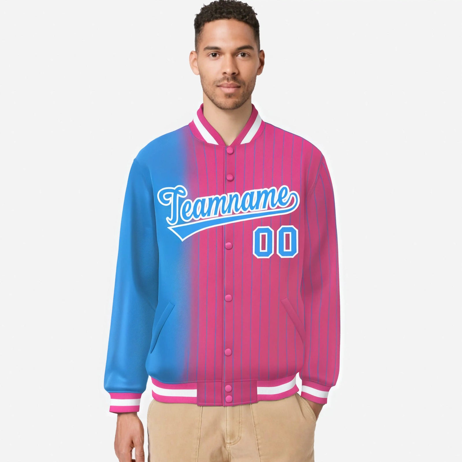 Custom Pink Powder Blue Pinstripe White-Powder Blue Gradient Fashion Varsity Full-Snap Jacket