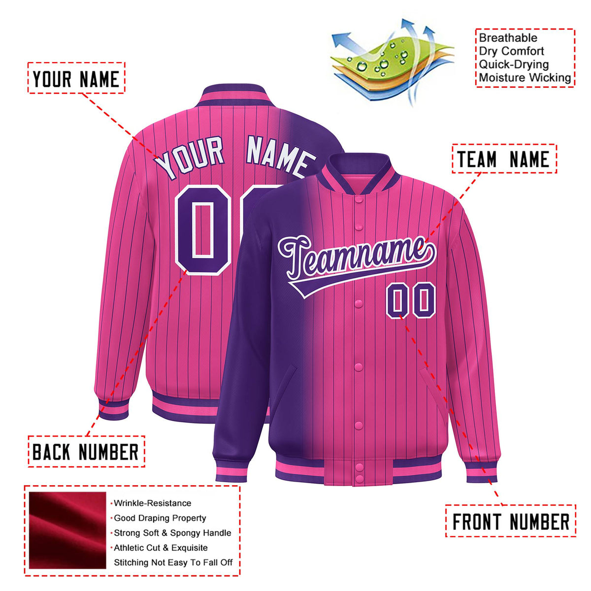 Custom Pink Purple Pinstripe White-Purple Gradient Fashion Varsity Full-Snap Jacket