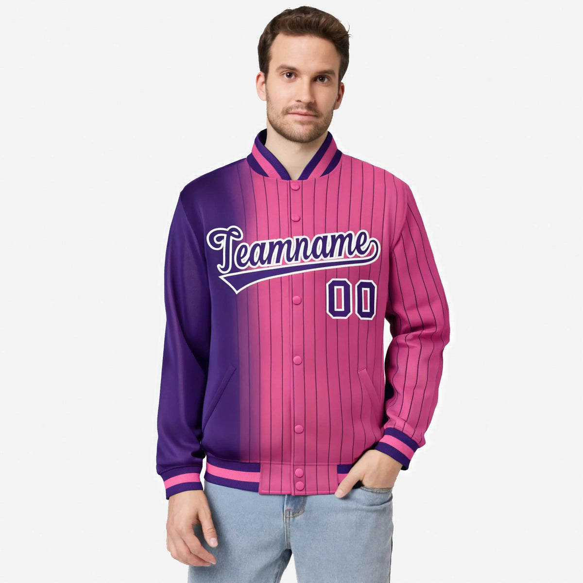 Custom Pink Purple Pinstripe White-Purple Gradient Fashion Varsity Full-Snap Jacket