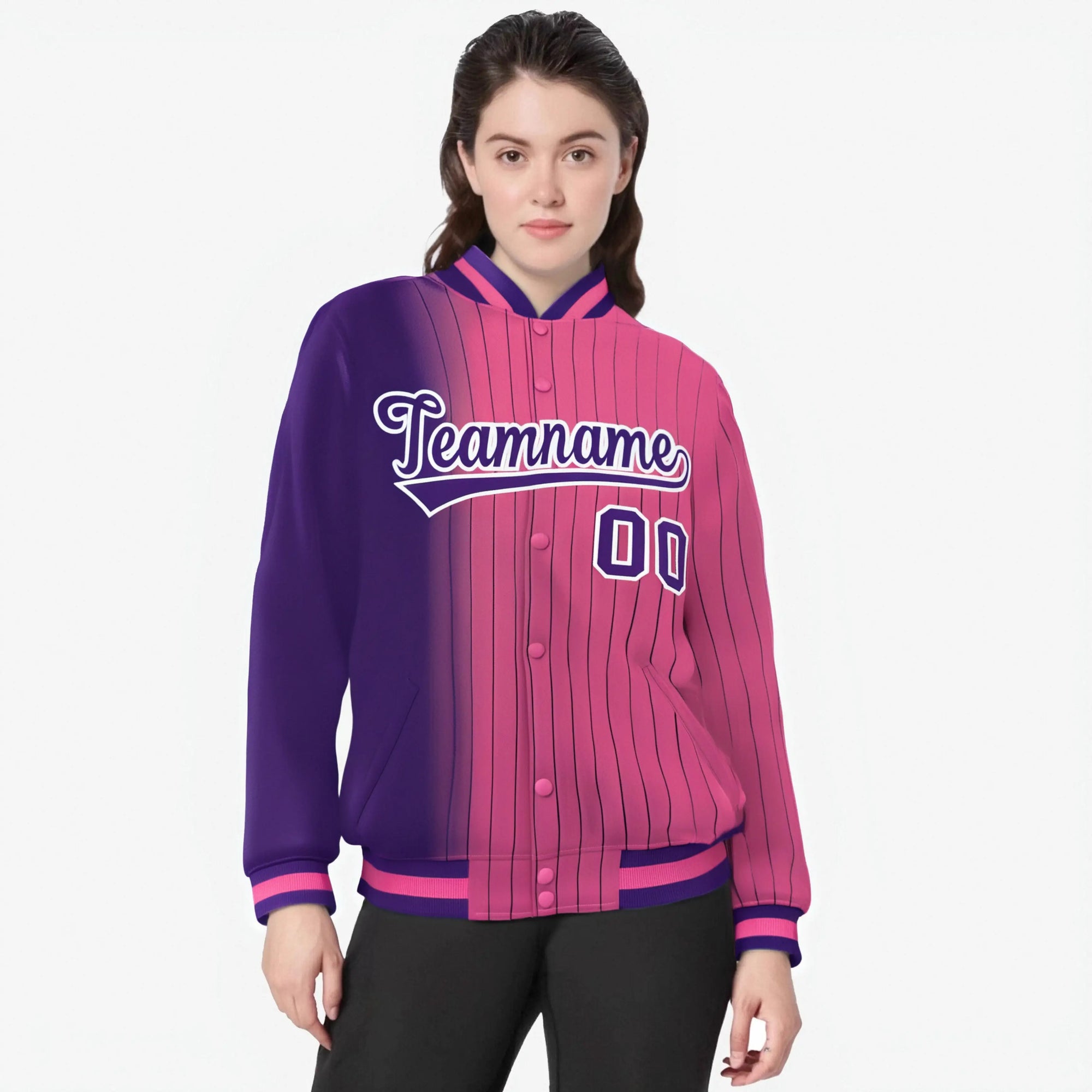 Custom Pink Purple Pinstripe White-Purple Gradient Fashion Varsity Full-Snap Jacket