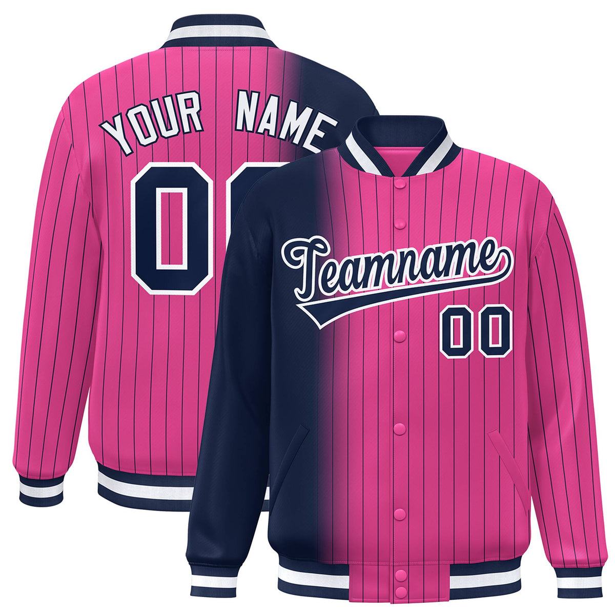 Custom Pink Navy Pinstripe White-Navy Gradient Fashion Varsity Full-Snap Jacket