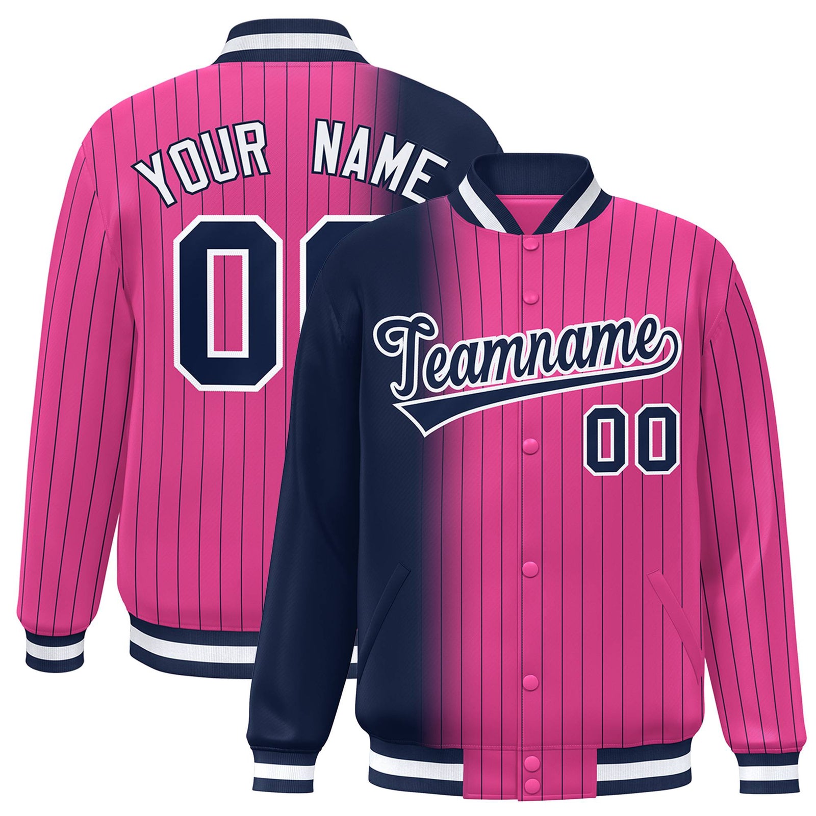 Custom Pink Navy Pinstripe White-Navy Gradient Fashion Varsity Full-Snap Jacket