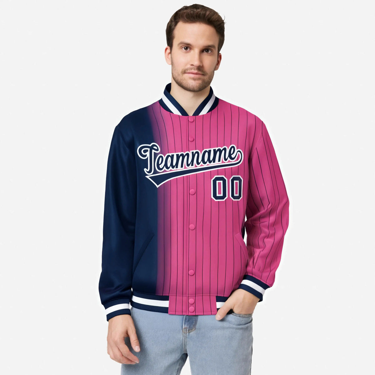 Custom Pink Navy Pinstripe White-Navy Gradient Fashion Varsity Full-Snap Jacket