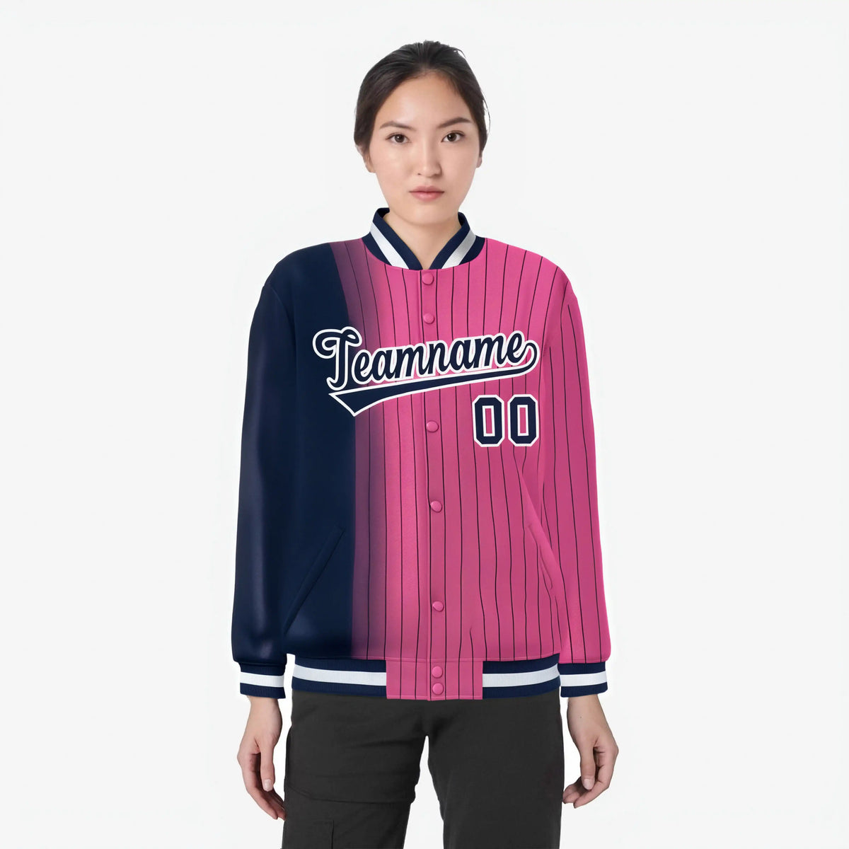 Custom Pink Navy Pinstripe White-Navy Gradient Fashion Varsity Full-Snap Jacket
