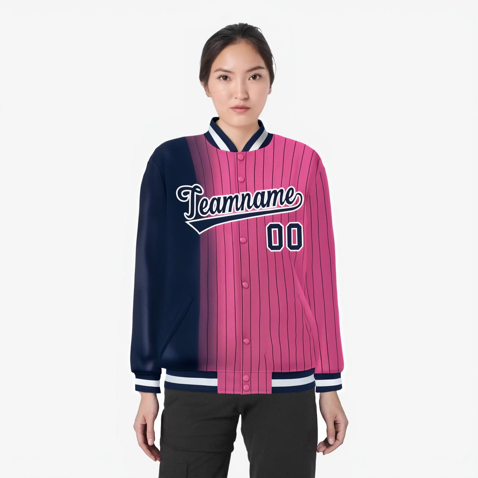Custom Pink Navy Pinstripe White-Navy Gradient Fashion Varsity Full-Snap Jacket