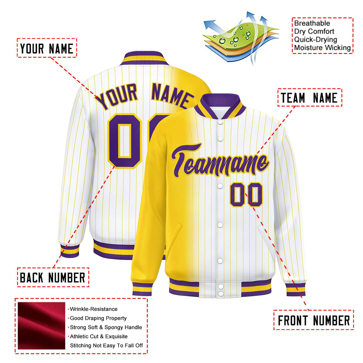 Custom White Gold Pinstripe Purple-Gold Gradient Fashion Varsity Full-Snap Jacket