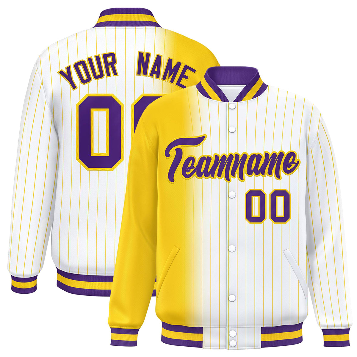 Custom White Gold Pinstripe Purple-Gold Gradient Fashion Varsity Full-Snap Jacket