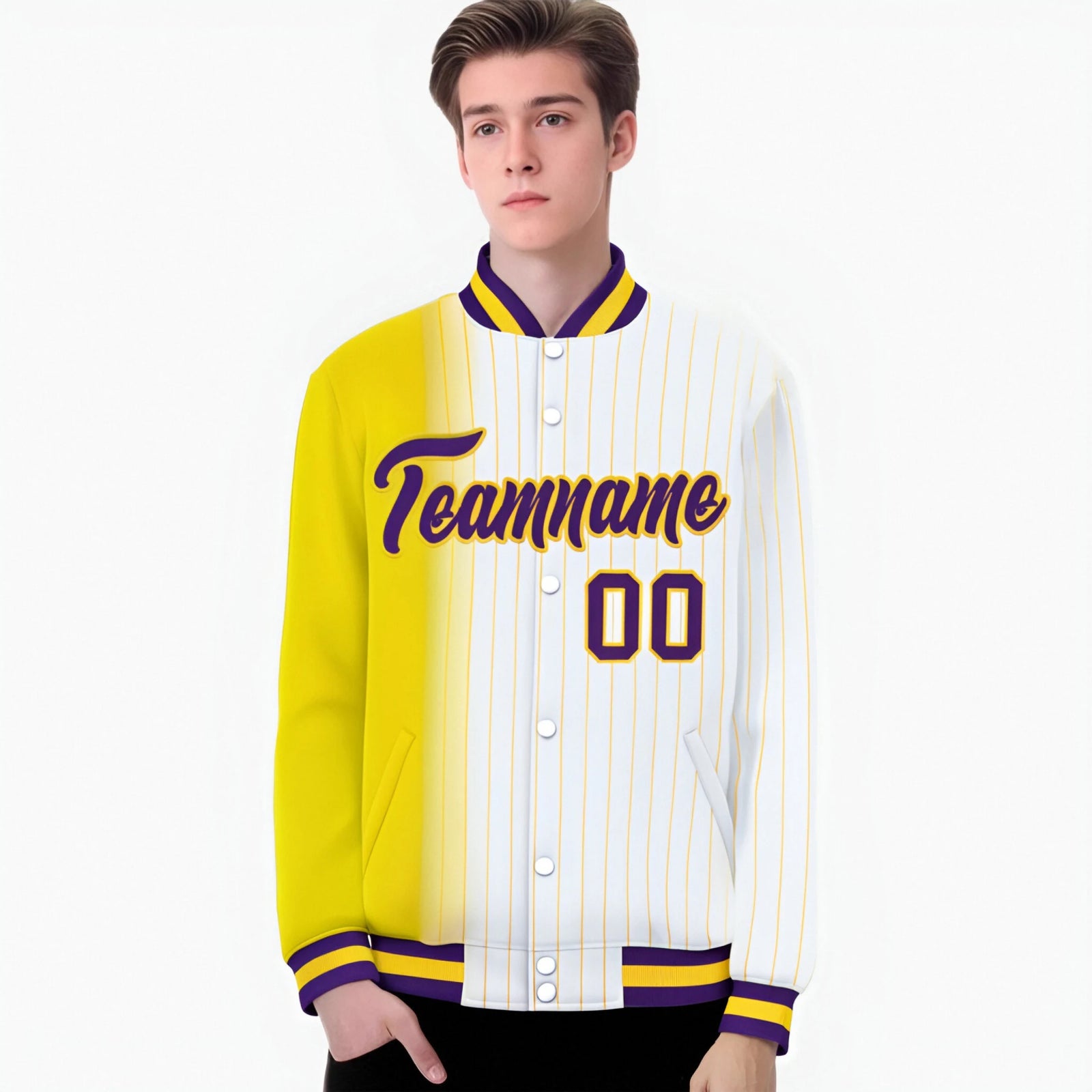Custom White Gold Pinstripe Purple-Gold Gradient Fashion Varsity Full-Snap Jacket