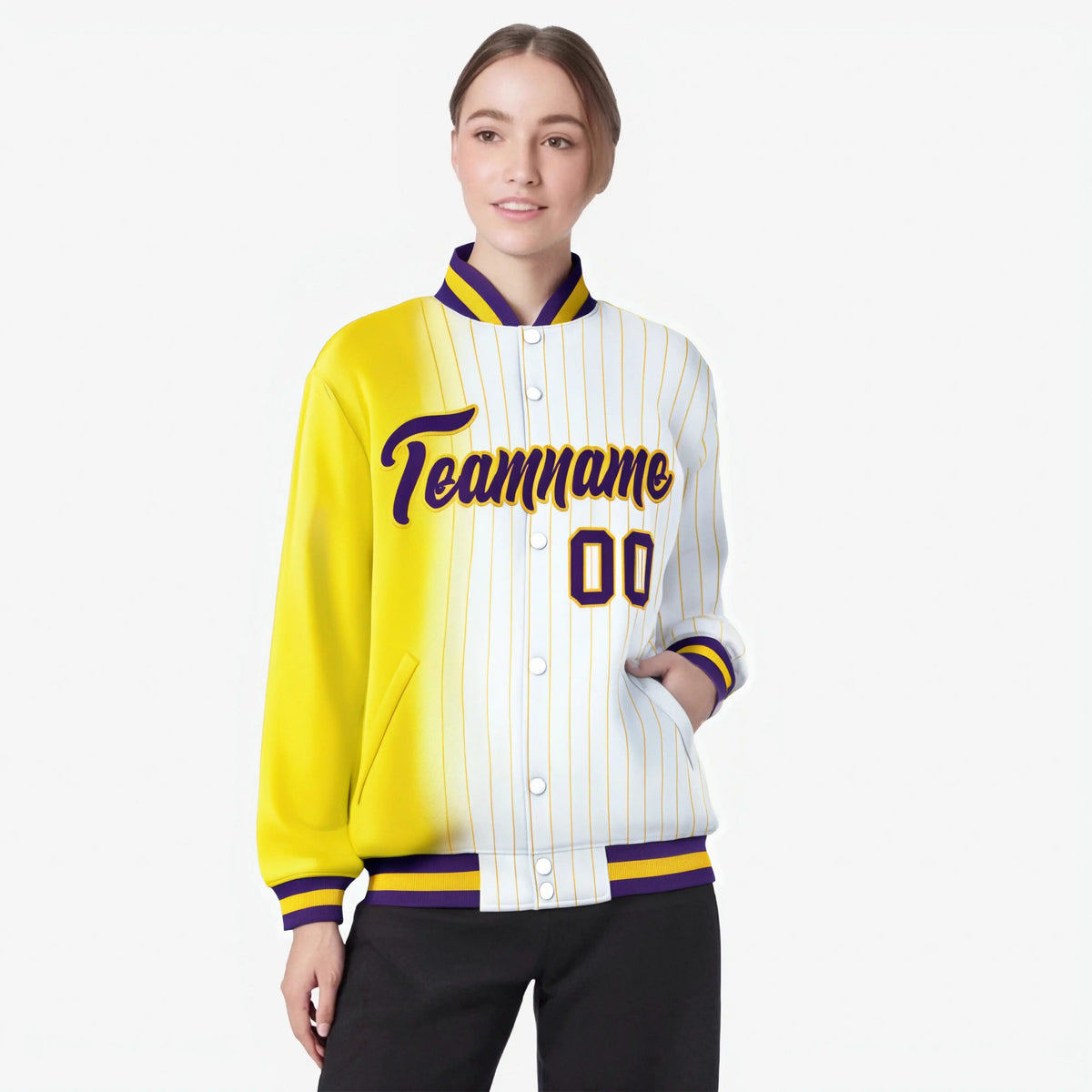 Custom White Gold Pinstripe Purple-Gold Gradient Fashion Varsity Full-Snap Jacket