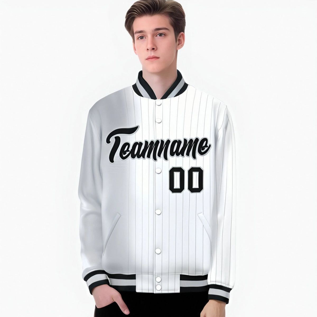 Custom White Gray Pinstripe Black-Gray Gradient Fashion Varsity Full-Snap Jacket