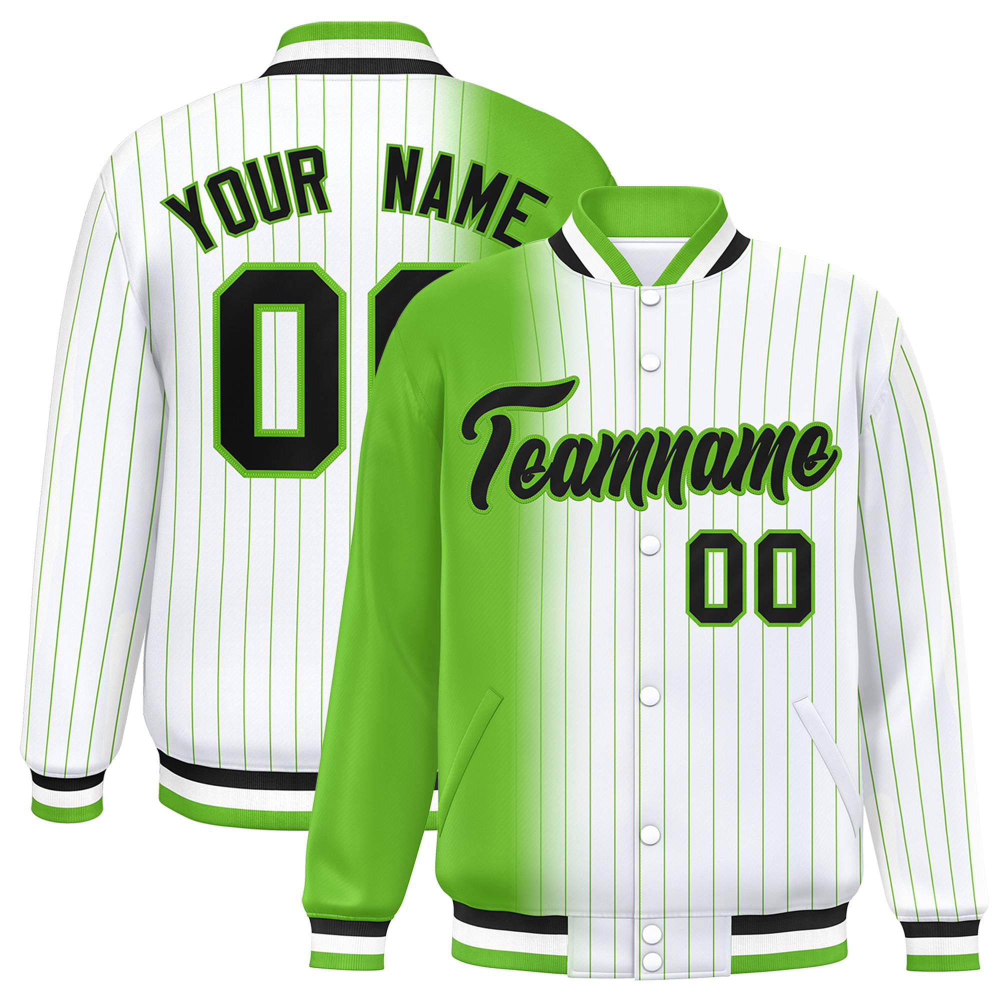 Custom White Neon-Green Pinstripe Black-Neon Green Gradient Fashion Varsity Full-Snap Jacket