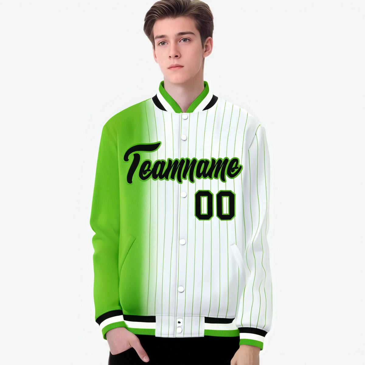 Custom White Neon-Green Pinstripe Black-Neon Green Gradient Fashion Varsity Full-Snap Jacket