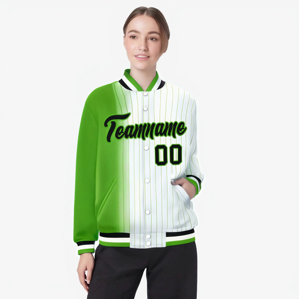 Custom White Neon-Green Pinstripe Black-Neon Green Gradient Fashion Varsity Full-Snap Jacket