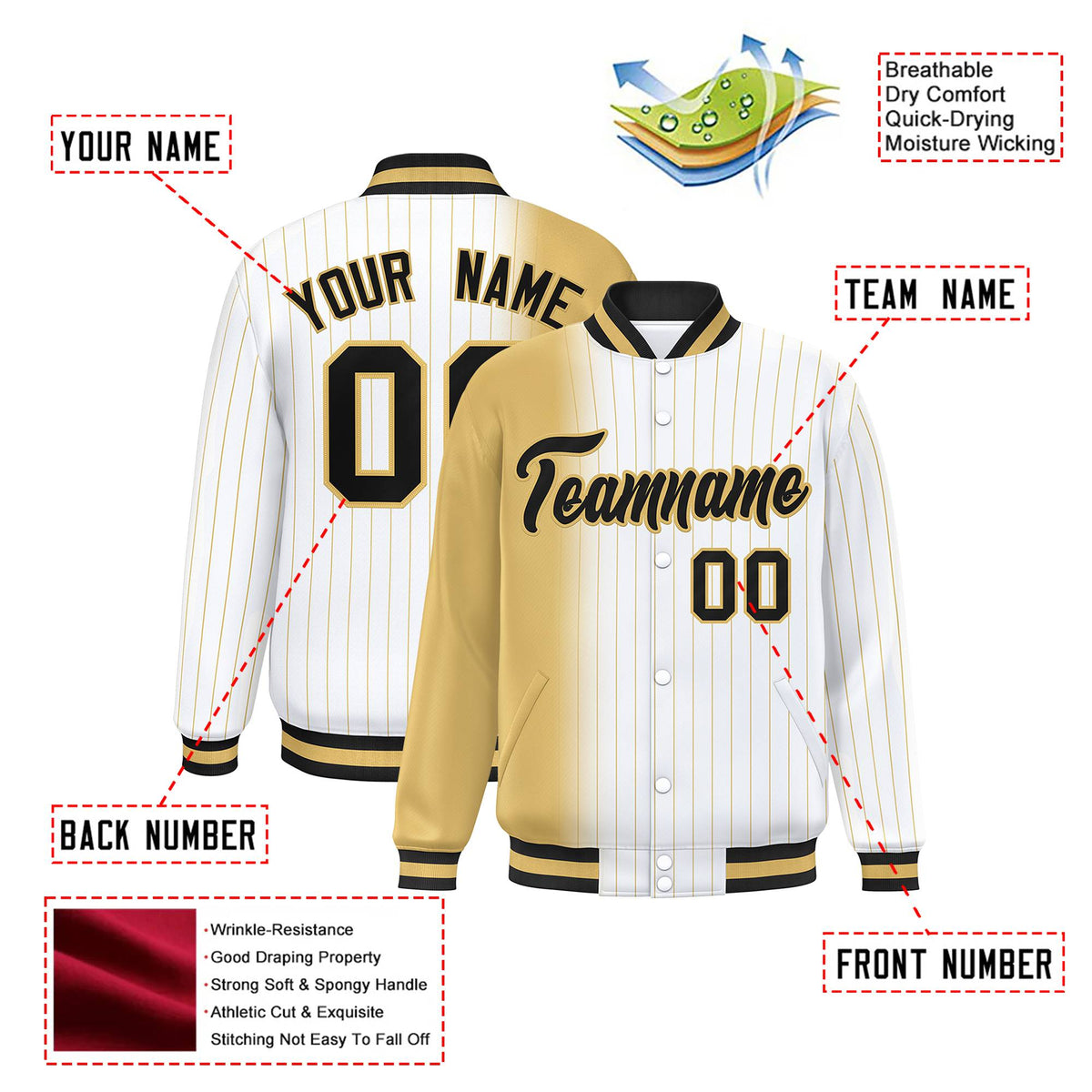 Custom White Khaki Pinstripe Black-Khaki Gradient Fashion Varsity Full-Snap Jacket