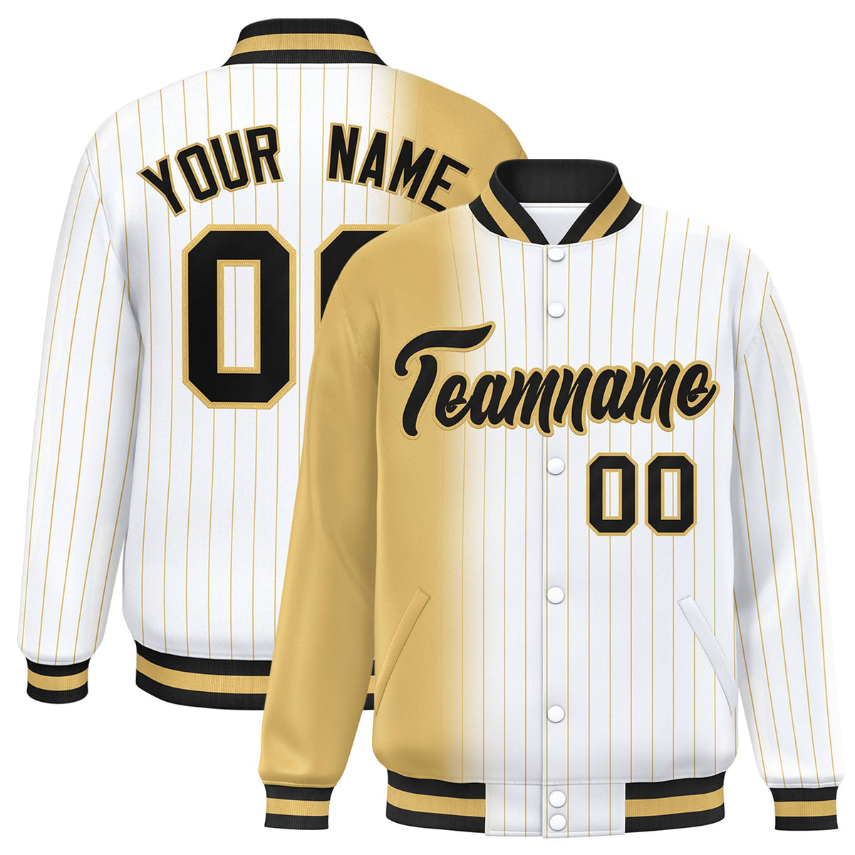 Custom White Khaki Pinstripe Black-Khaki Gradient Fashion Varsity Full-Snap Jacket