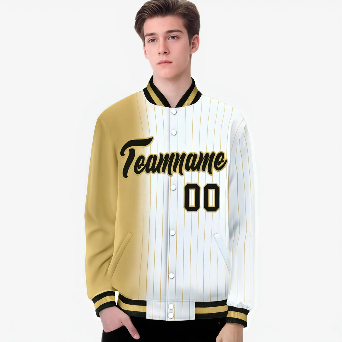 Custom White Khaki Pinstripe Black-Khaki Gradient Fashion Varsity Full-Snap Jacket