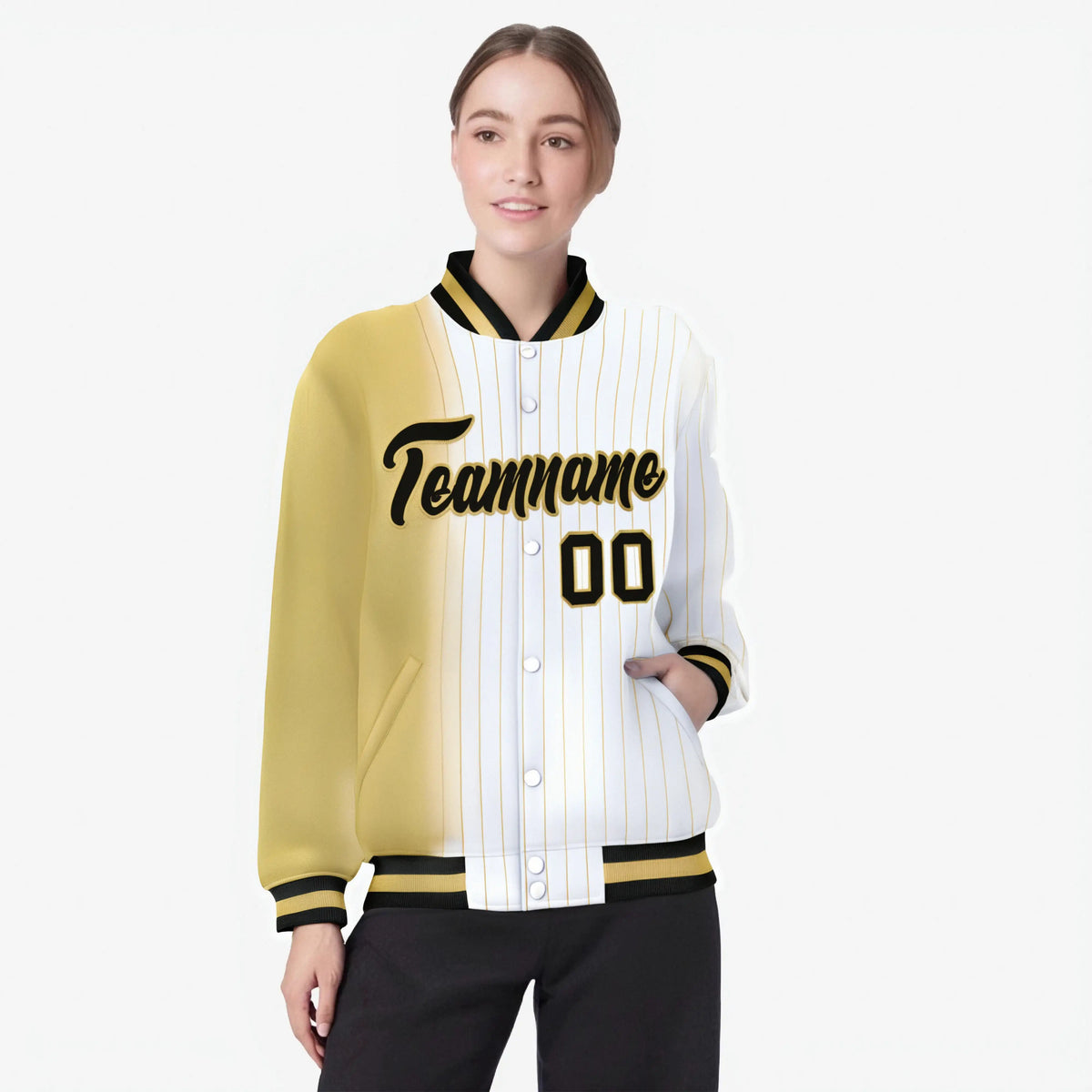 Custom White Khaki Pinstripe Black-Khaki Gradient Fashion Varsity Full-Snap Jacket