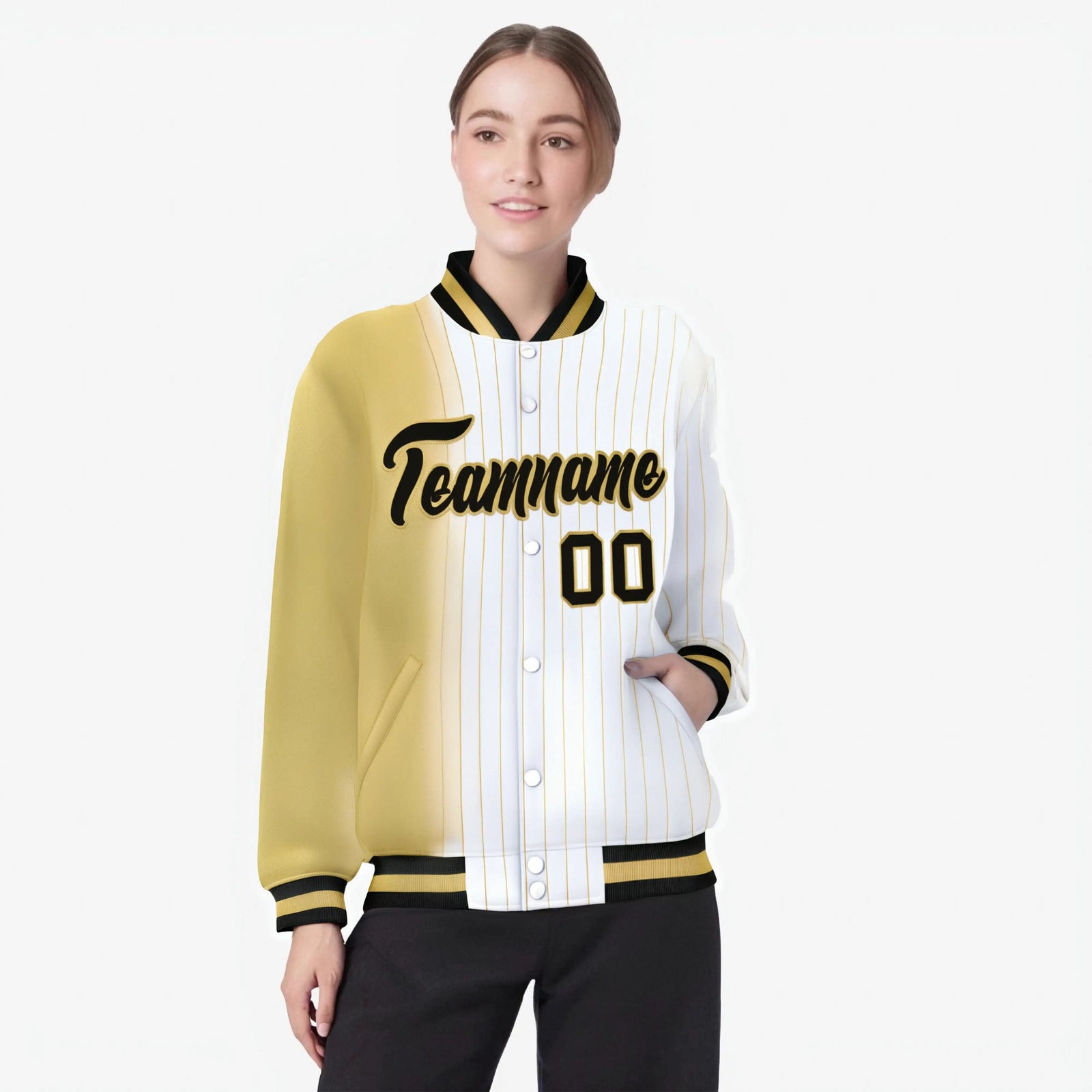 Custom White Khaki Pinstripe Black-Khaki Gradient Fashion Varsity Full-Snap Jacket