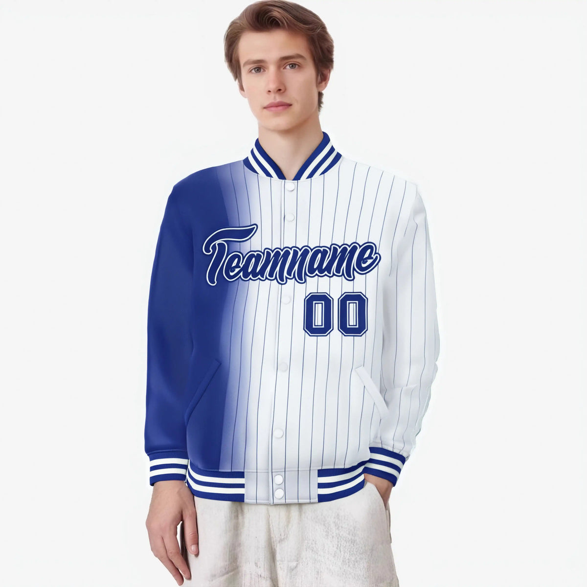 Custom White Royal Blue Pinstripe Royal Blue-White Gradient Fashion Varsity Full-Snap Jacket