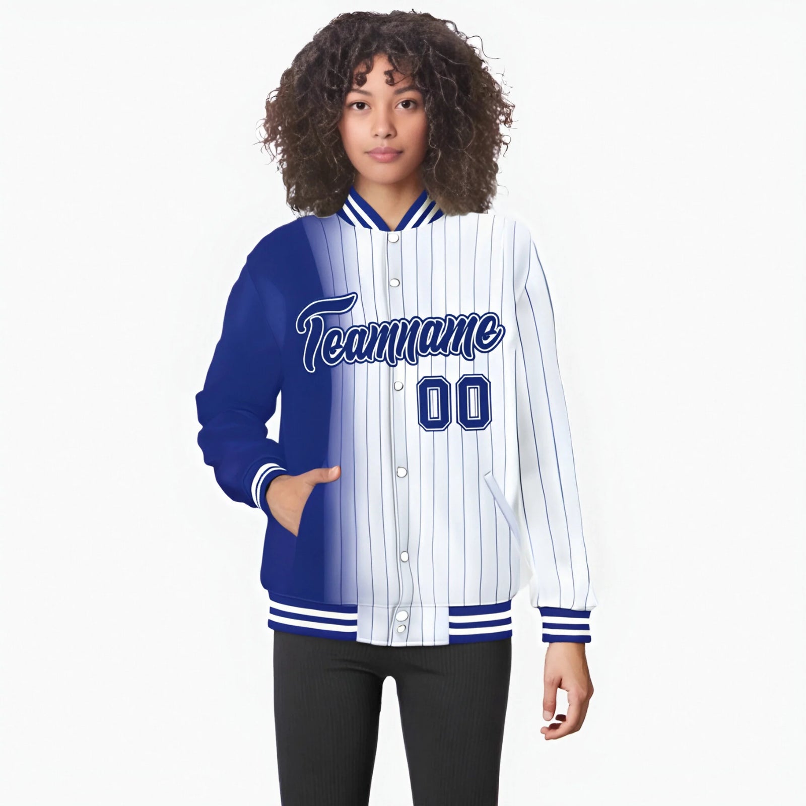 Custom White Royal Blue Pinstripe Royal Blue-White Gradient Fashion Varsity Full-Snap Jacket