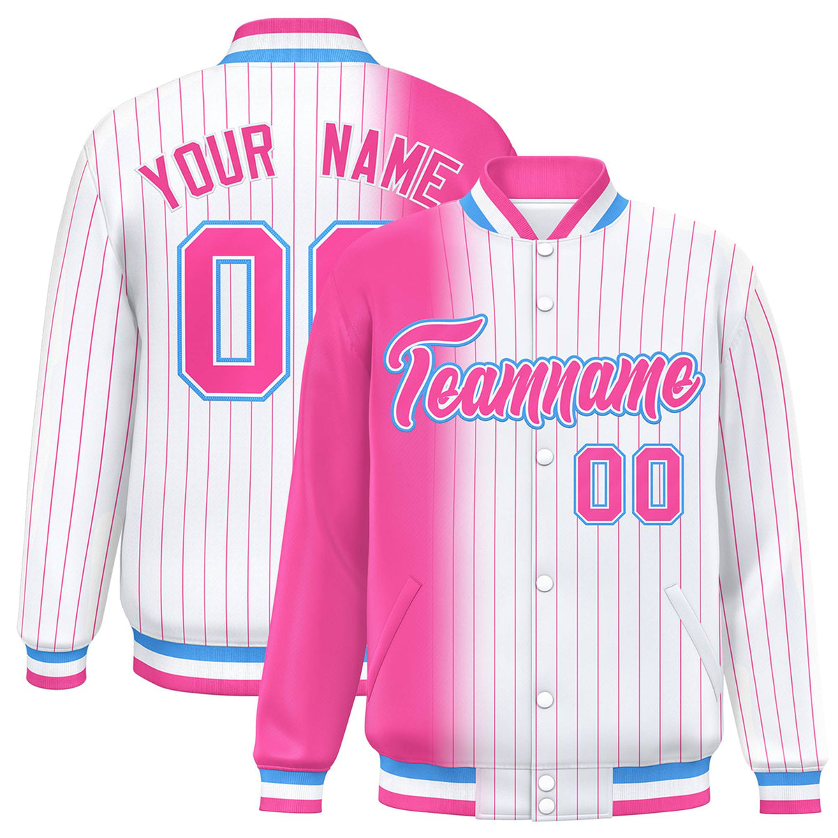 Custom White Pink Pinstripe Pink-Powder Blue Gradient Fashion Varsity Full-Snap Jacket
