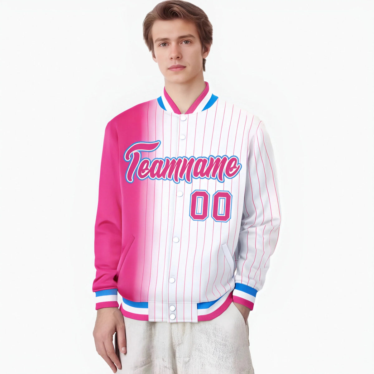 Custom White Pink Pinstripe Pink-Powder Blue Gradient Fashion Varsity Full-Snap Jacket