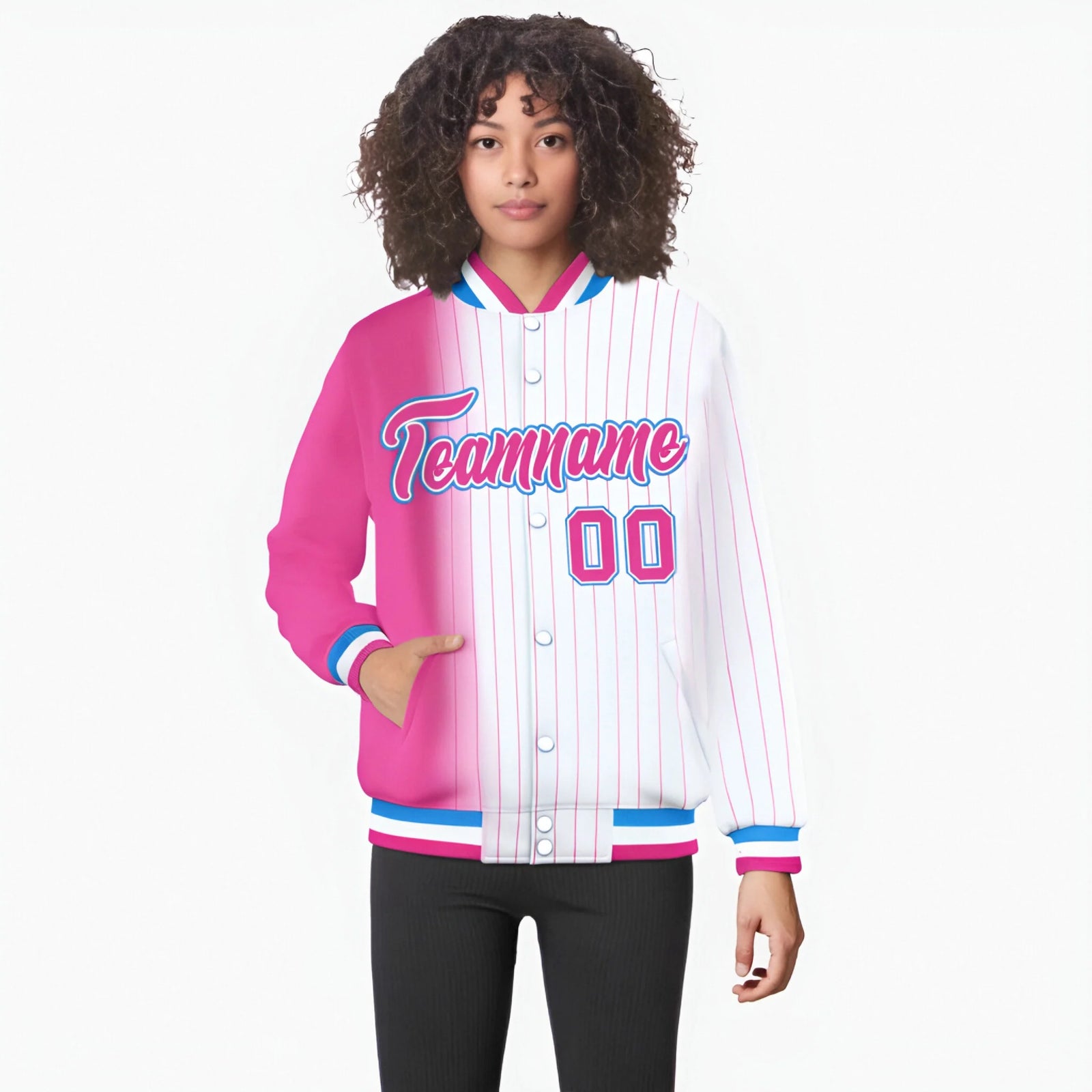 Custom White Pink Pinstripe Pink-Powder Blue Gradient Fashion Varsity Full-Snap Jacket