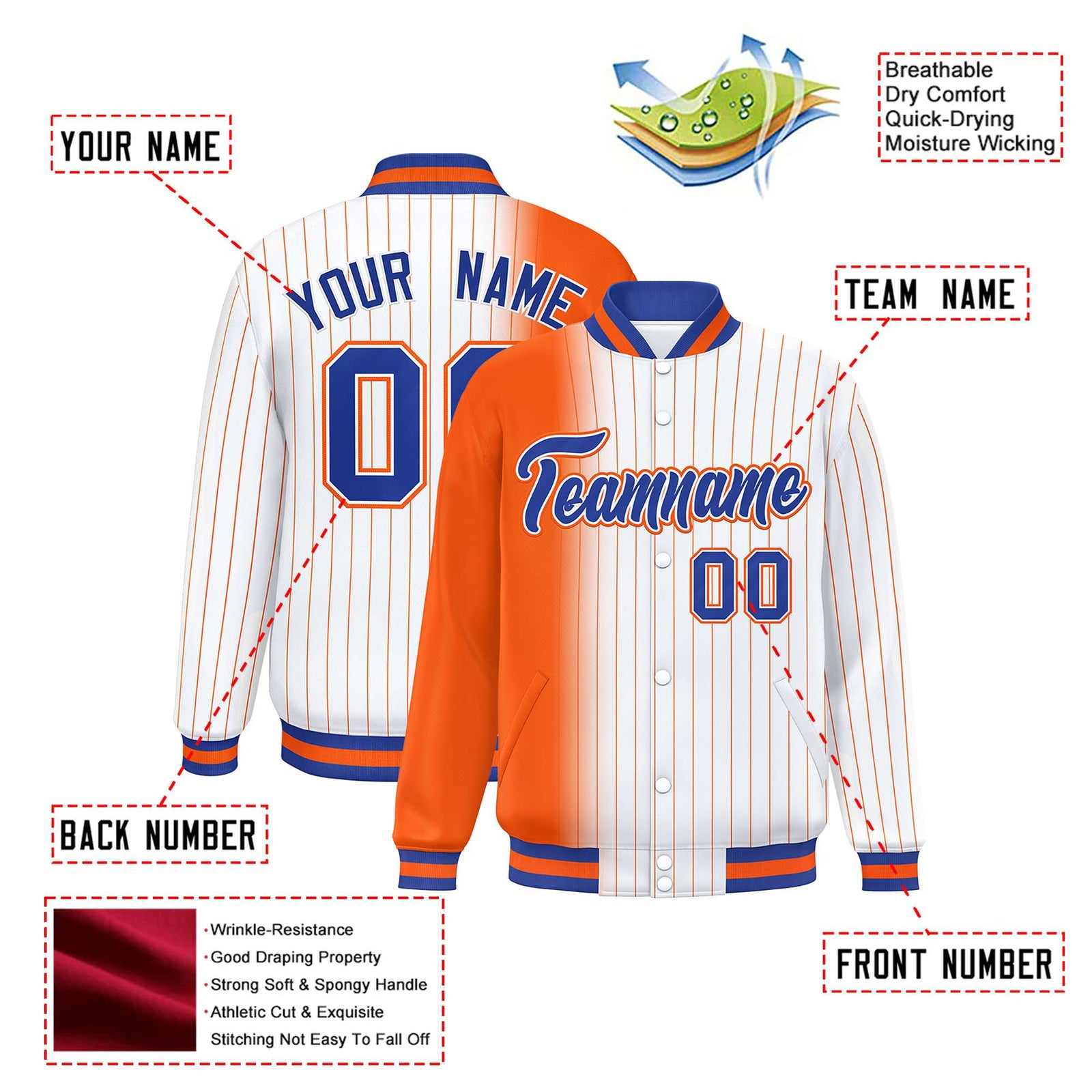 Custom White Orange Pinstripe Orange-Royal Blue Gradient Fashion Varsity Full-Snap Jacket