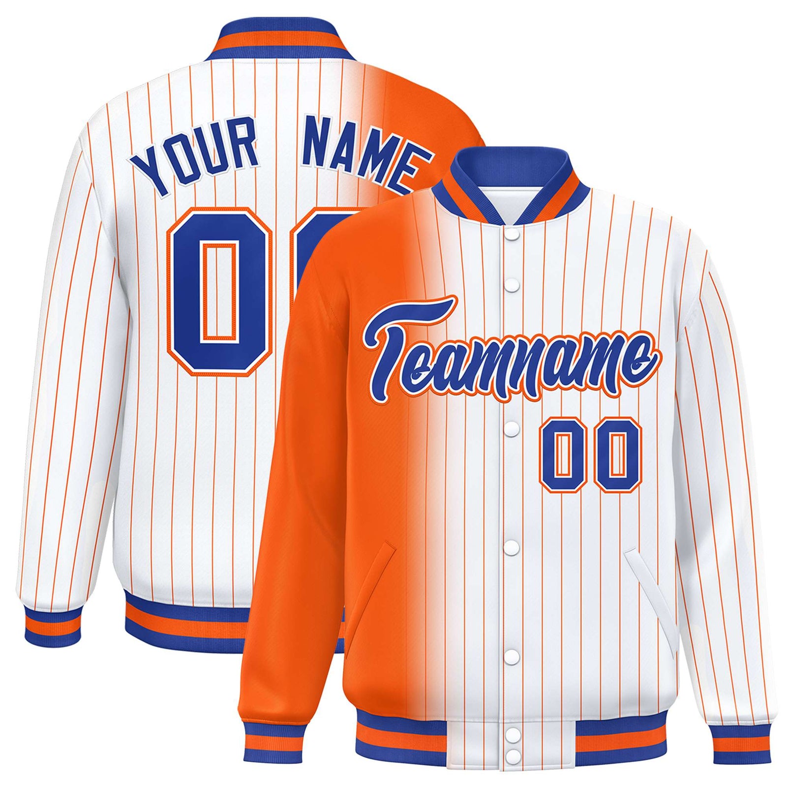 Custom White Orange Pinstripe Orange-Royal Blue Gradient Fashion Varsity Full-Snap Jacket