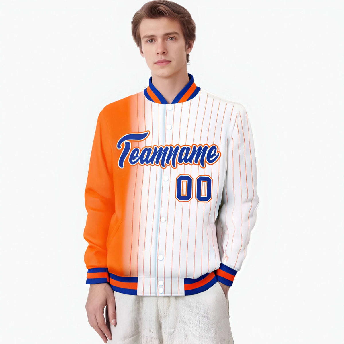 Custom White Orange Pinstripe Orange-Royal Blue Gradient Fashion Varsity Full-Snap Jacket