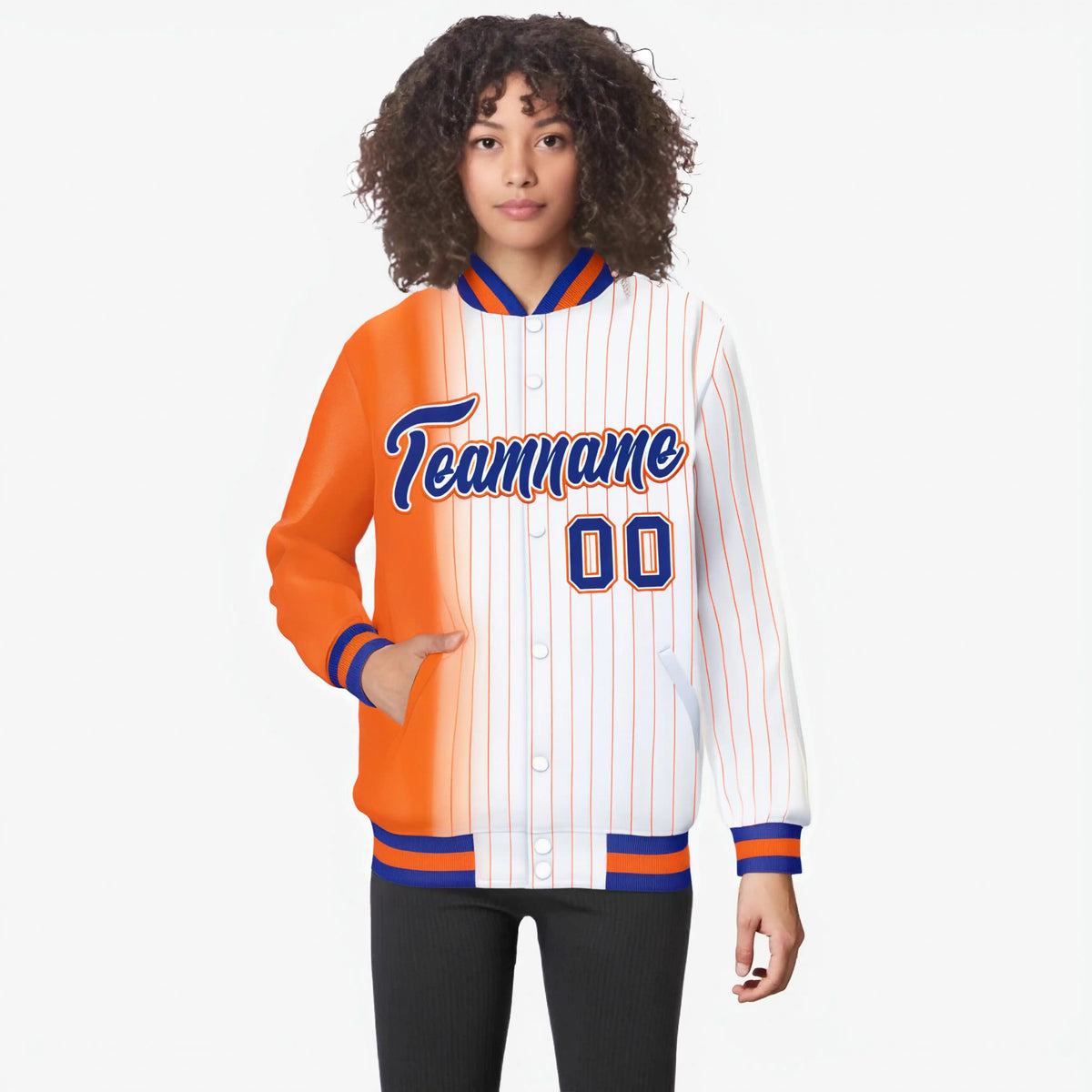 Custom White Orange Pinstripe Orange-Royal Blue Gradient Fashion Varsity Full-Snap Jacket