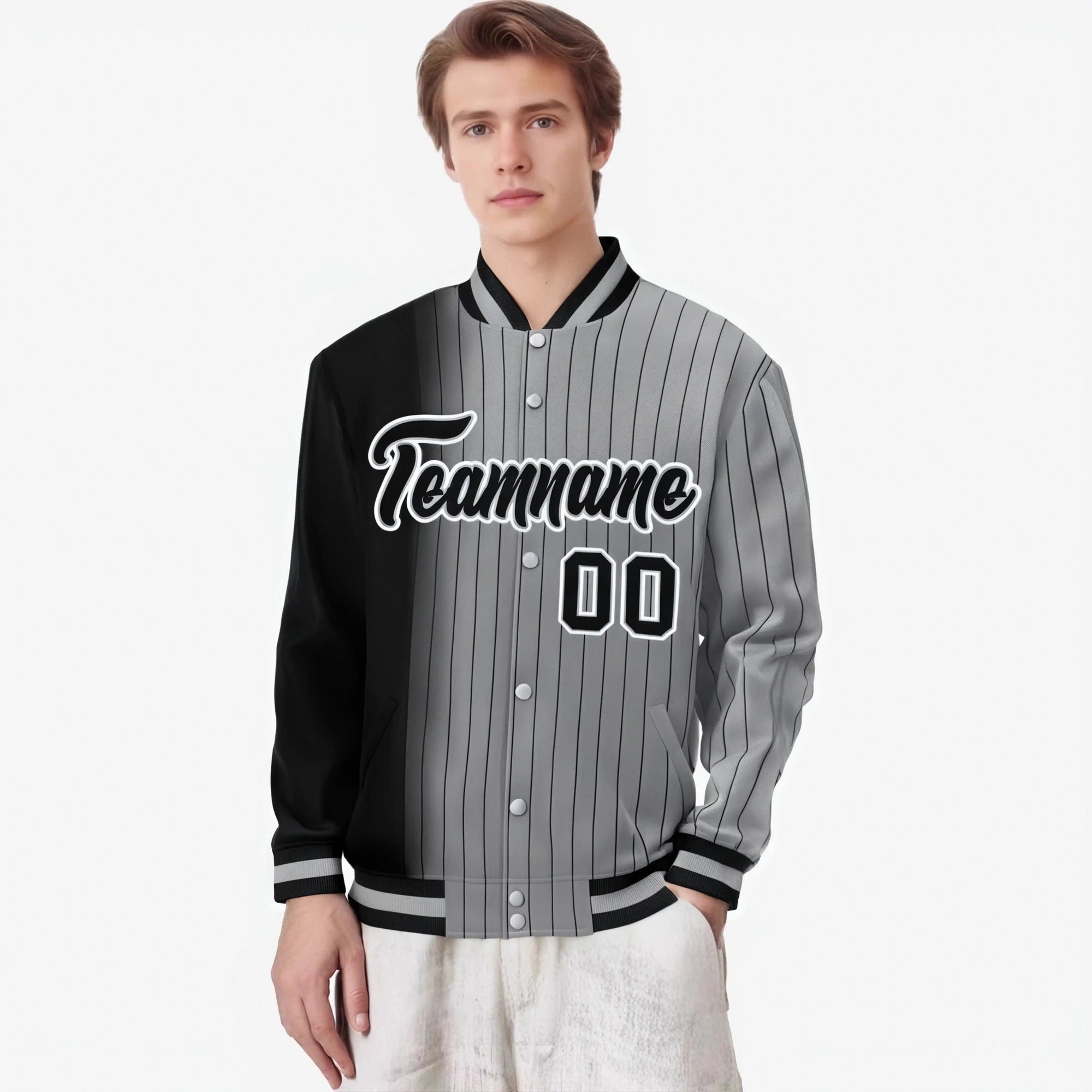 Custom Gray Black Pinstripe Black-White Gradient Fashion Varsity Full-Snap Jacket