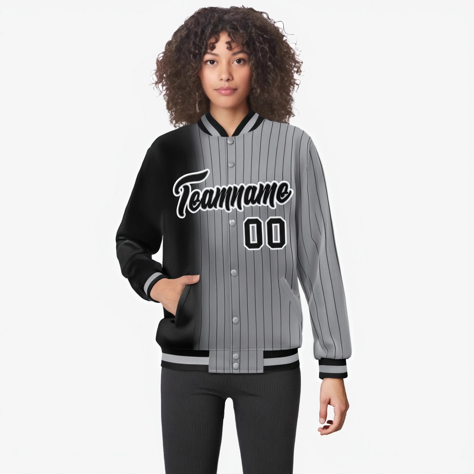 Custom Gray Black Pinstripe Black-White Gradient Fashion Varsity Full-Snap Jacket