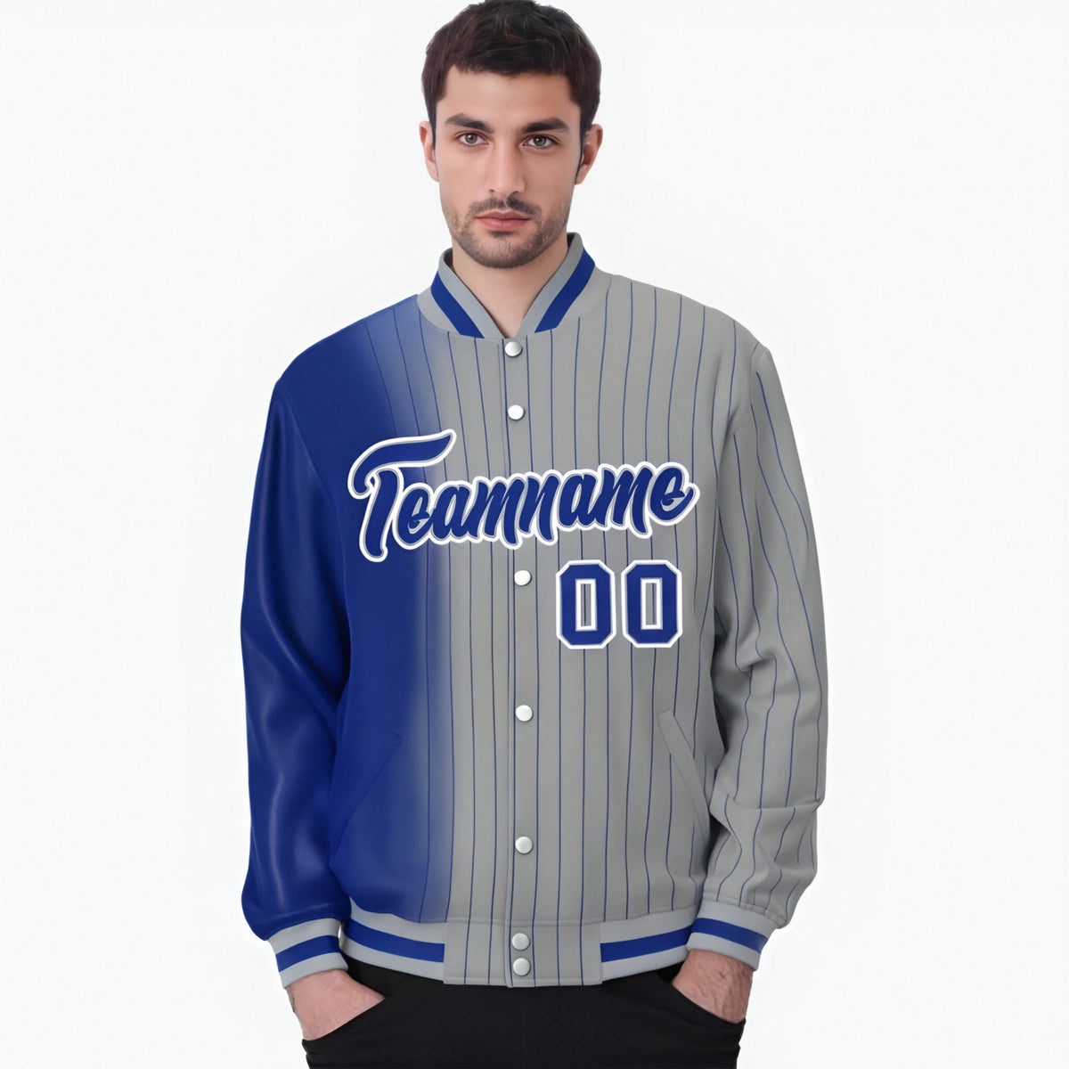 Custom Gray Royal Blue Pinstripe Royal Blue-White Gradient Fashion Varsity Full-Snap Jacket