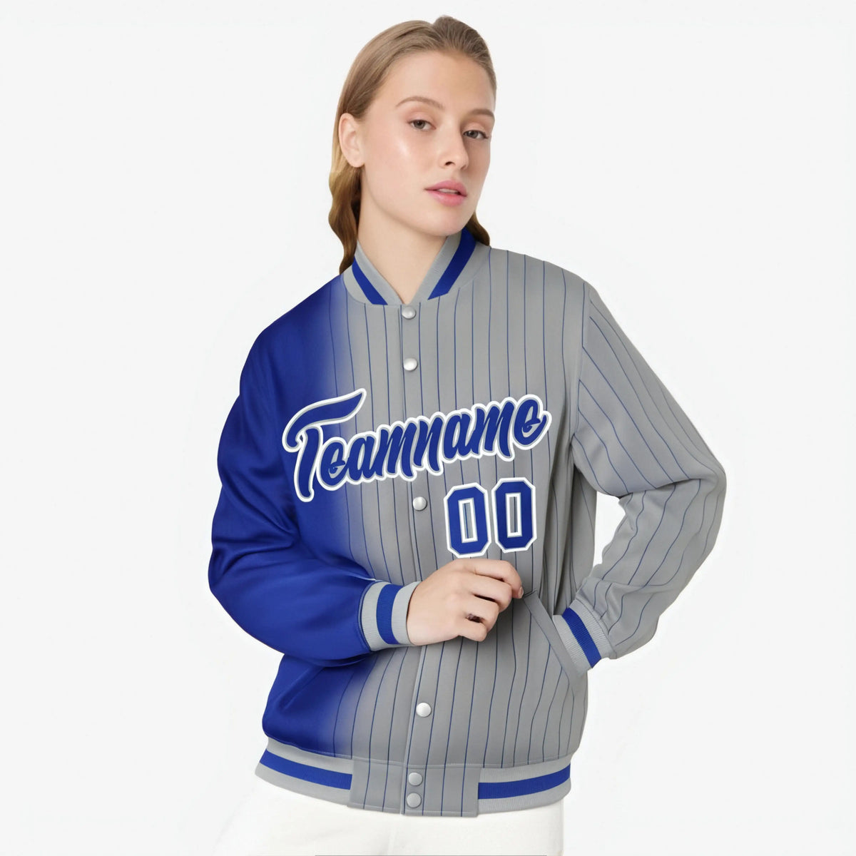 Custom Gray Royal Blue Pinstripe Royal Blue-White Gradient Fashion Varsity Full-Snap Jacket