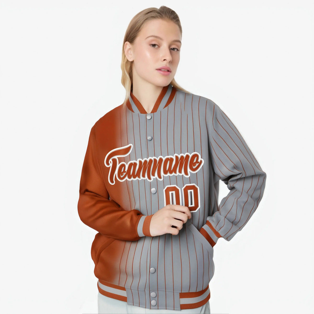 Custom Gray Munsell Pinstripe Munsell-White Gradient Fashion Varsity Full-Snap Jacket