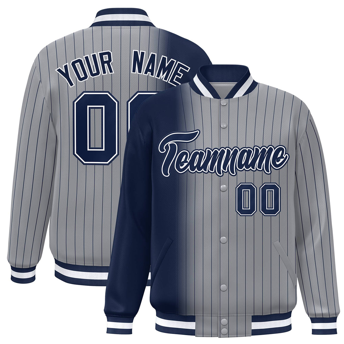 Custom Gray Navy Pinstripe Navy-White Gradient Fashion Varsity Full-Snap Jacket