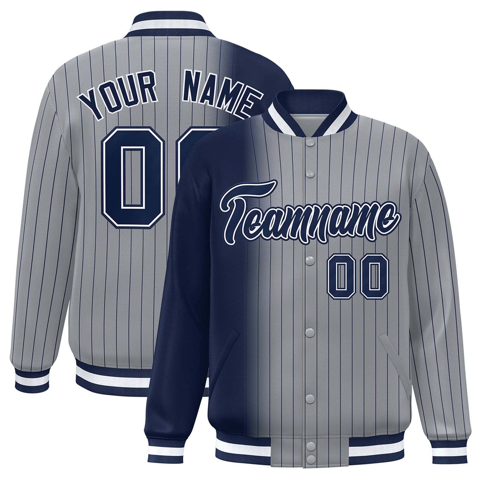 Custom Gray Navy Pinstripe Navy-White Gradient Fashion Varsity Full-Snap Jacket