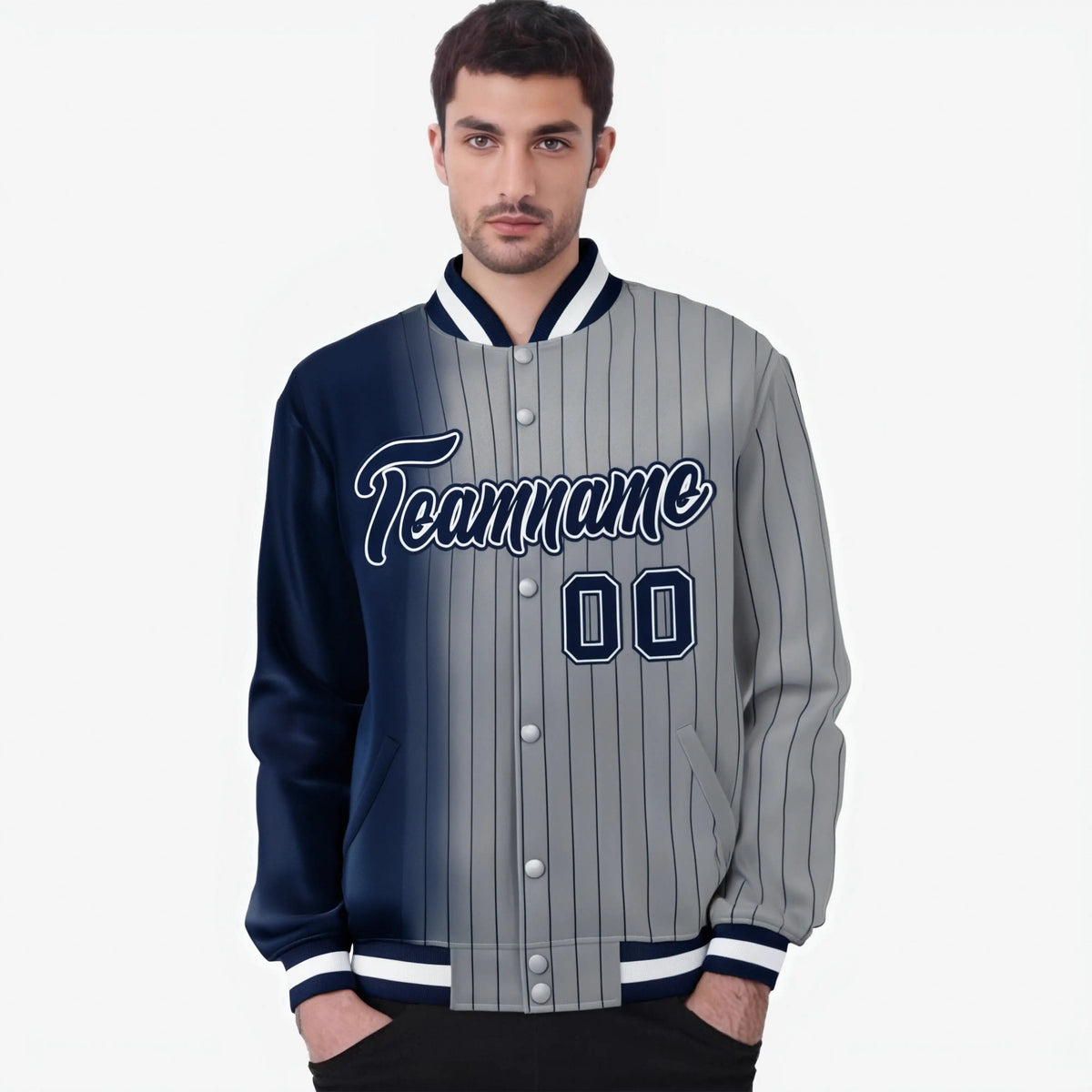 Custom Gray Navy Pinstripe Navy-White Gradient Fashion Varsity Full-Snap Jacket
