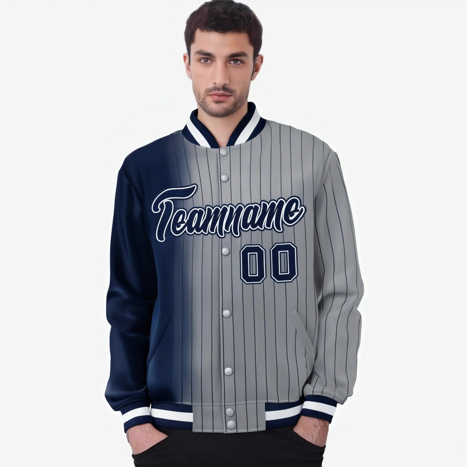 Custom Gray Navy Pinstripe Navy-White Gradient Fashion Varsity Full-Snap Jacket
